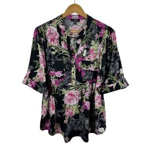 Cocomo Floral Popover Blouse Size 1X‎ Roll Tab Artsy Stretch Office Boho Comfy